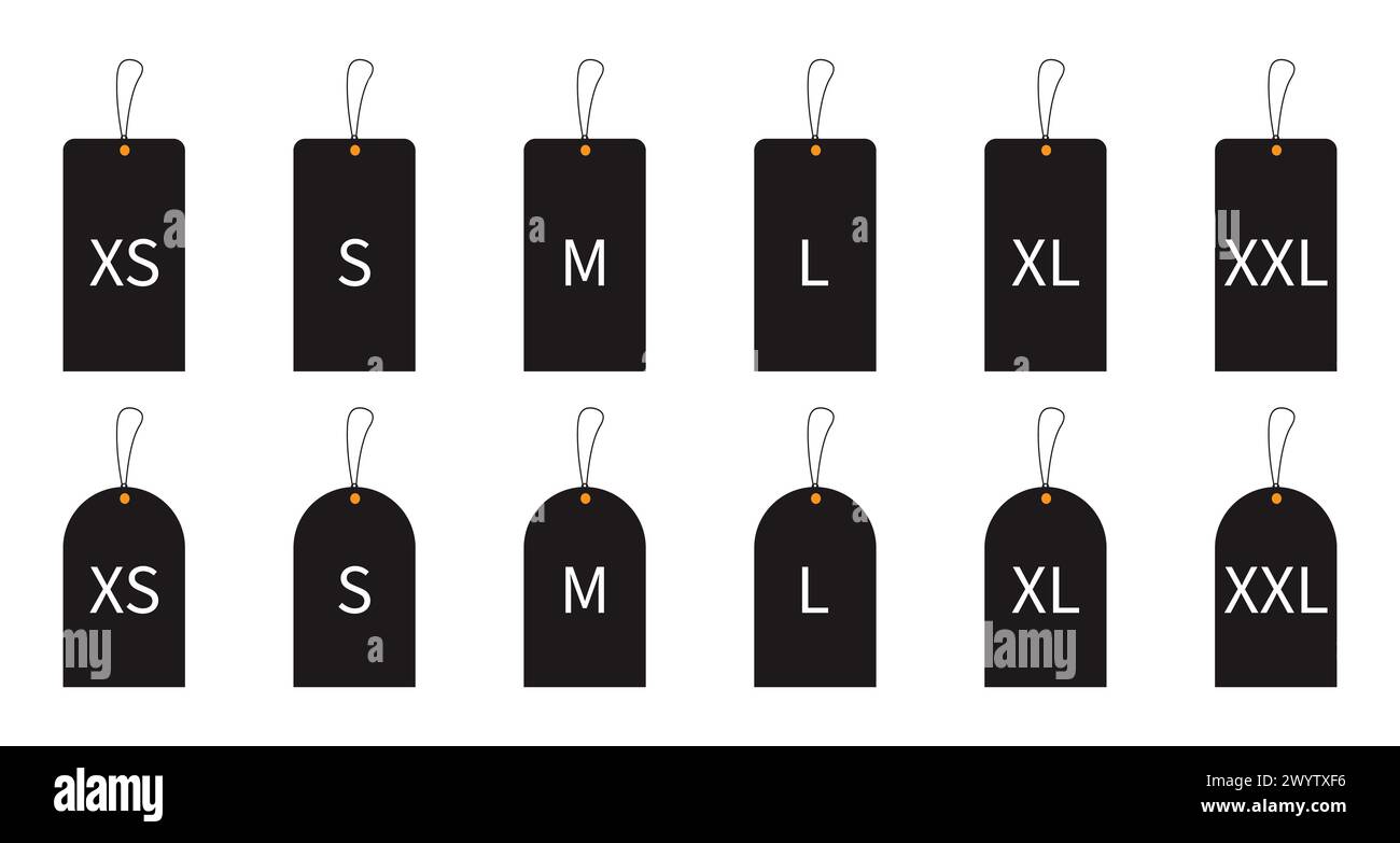 Zeichen für Kleidergrößen XS S M L XL XXL. Vektor des Beschriftungssymbols. Stock Vektor