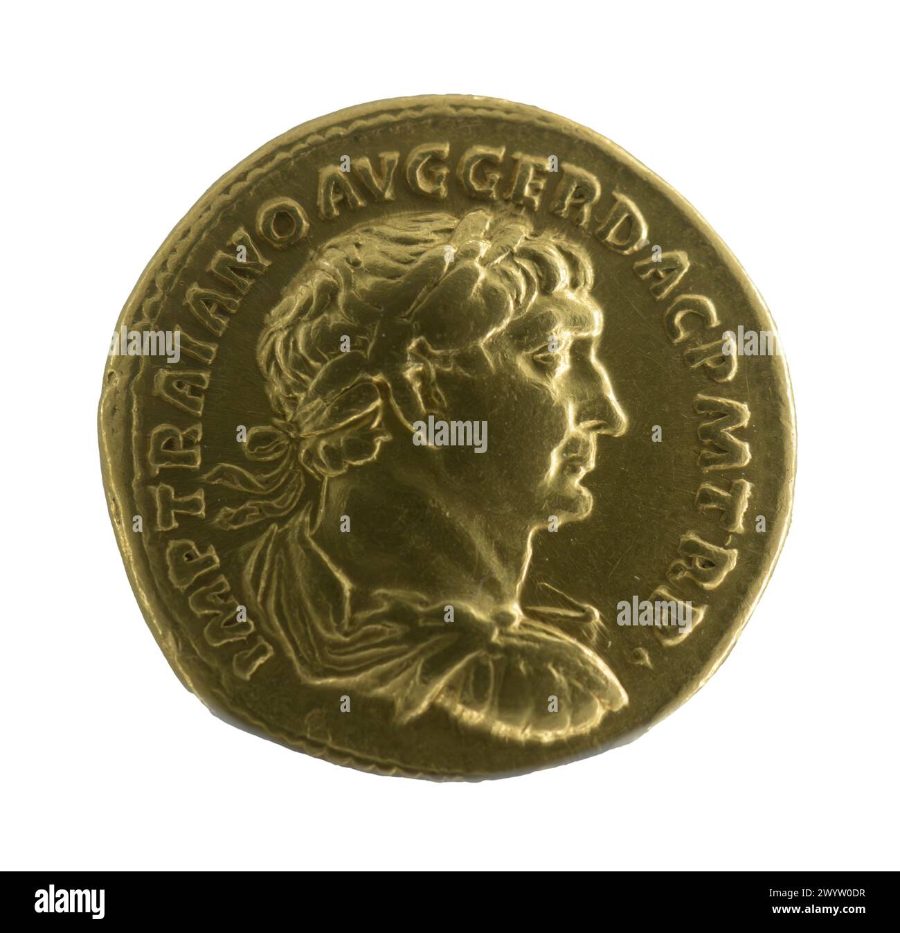 Trajan – römischer Kaiser. Aureus mit dem Profil des Kaisers Stockfoto