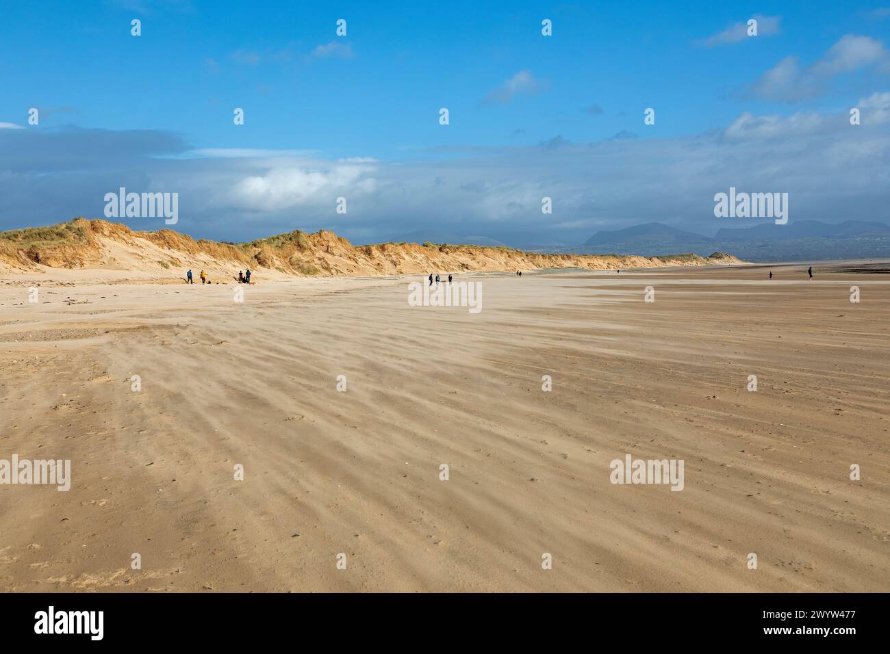 Wind weht Sand über Strand, Wolken, LLanddwyn Bay, Newborough, Anglesey Island, Wales, Großbritannien Stockfoto
