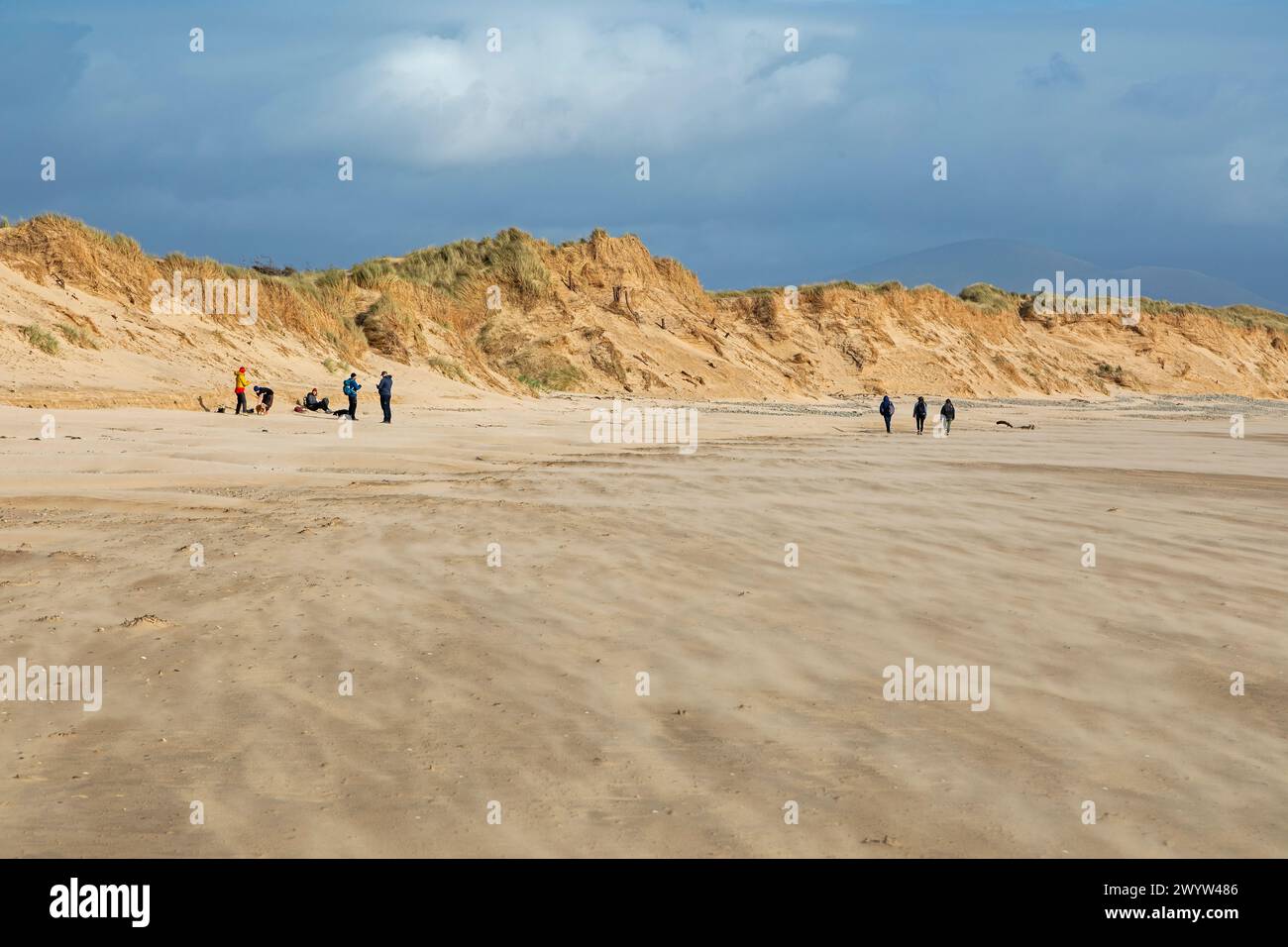 Wind weht Sand über Strand, Menschen, Wolken, LLanddwyn Bay, Newborough, Anglesey Island, Wales, Großbritannien Stockfoto
