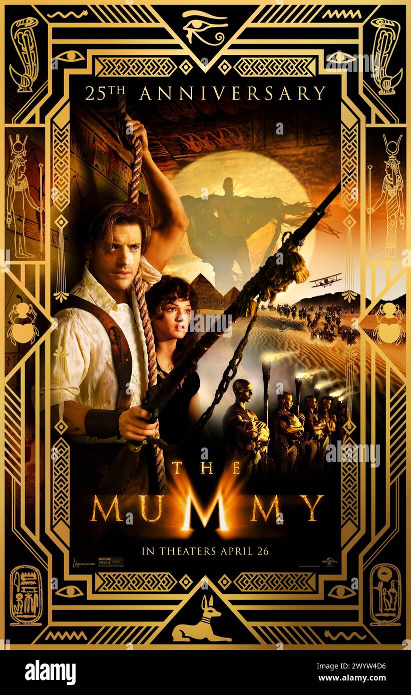 The Mummy (1999) von Stephen Sommers mit Brendan Fraser, Rachel Weisz und John Hannah. Blockbuster-Remake des Films von 1932, in dem die mumifizierte Leiche eines ägyptischen Priesters, Imhotep, versehentlich wieder zum Leben erweckt wird. US-Poster mit einem Blatt für die Neuveröffentlichung zum 25. Jahrestag ***NUR FÜR REDAKTIONELLE ZWECKE***. Quelle: BFA / Universal Pictures Stockfoto