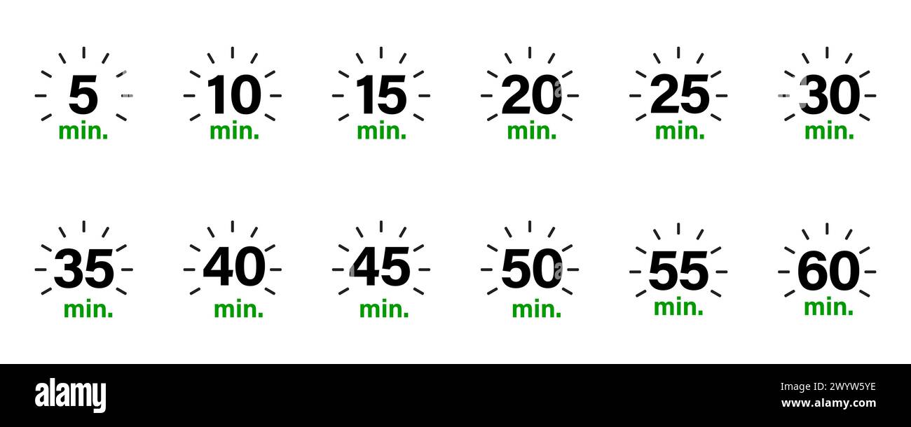 Timer, Uhr, Stoppuhr, 5, 10, 15, 20, 25, 30, 35, 40, 45, 50, 55, 60 Minuten Set Collection Vector. Stock Vektor