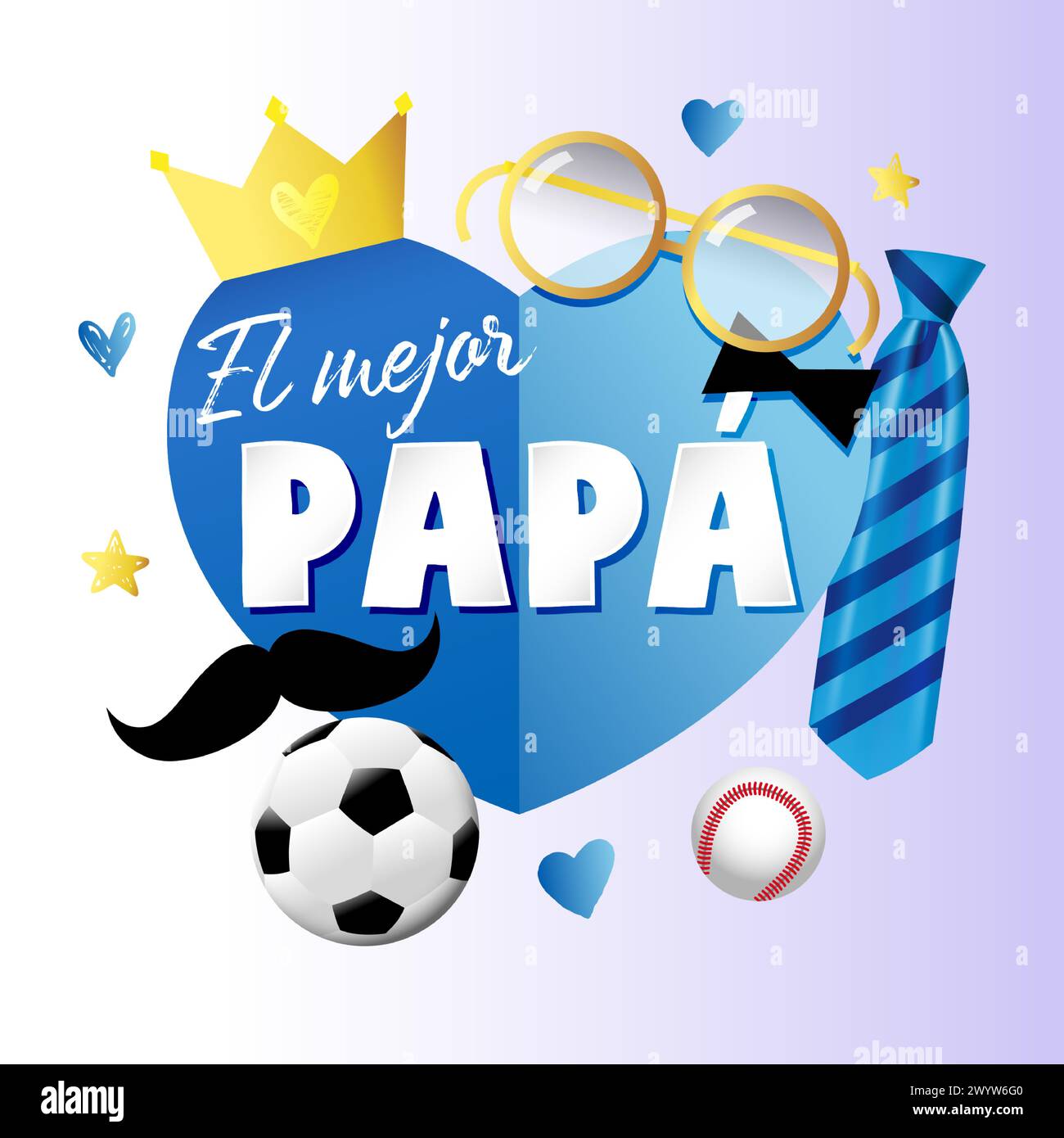El Mejor Papa - der beste Vater der Welt spanisches Schriftbanner mit Herzelementen aus blauem Papier, Krawatte, Schnurrbart und Krone. Spanien Väter Tag Vektor Gruet Stock Vektor