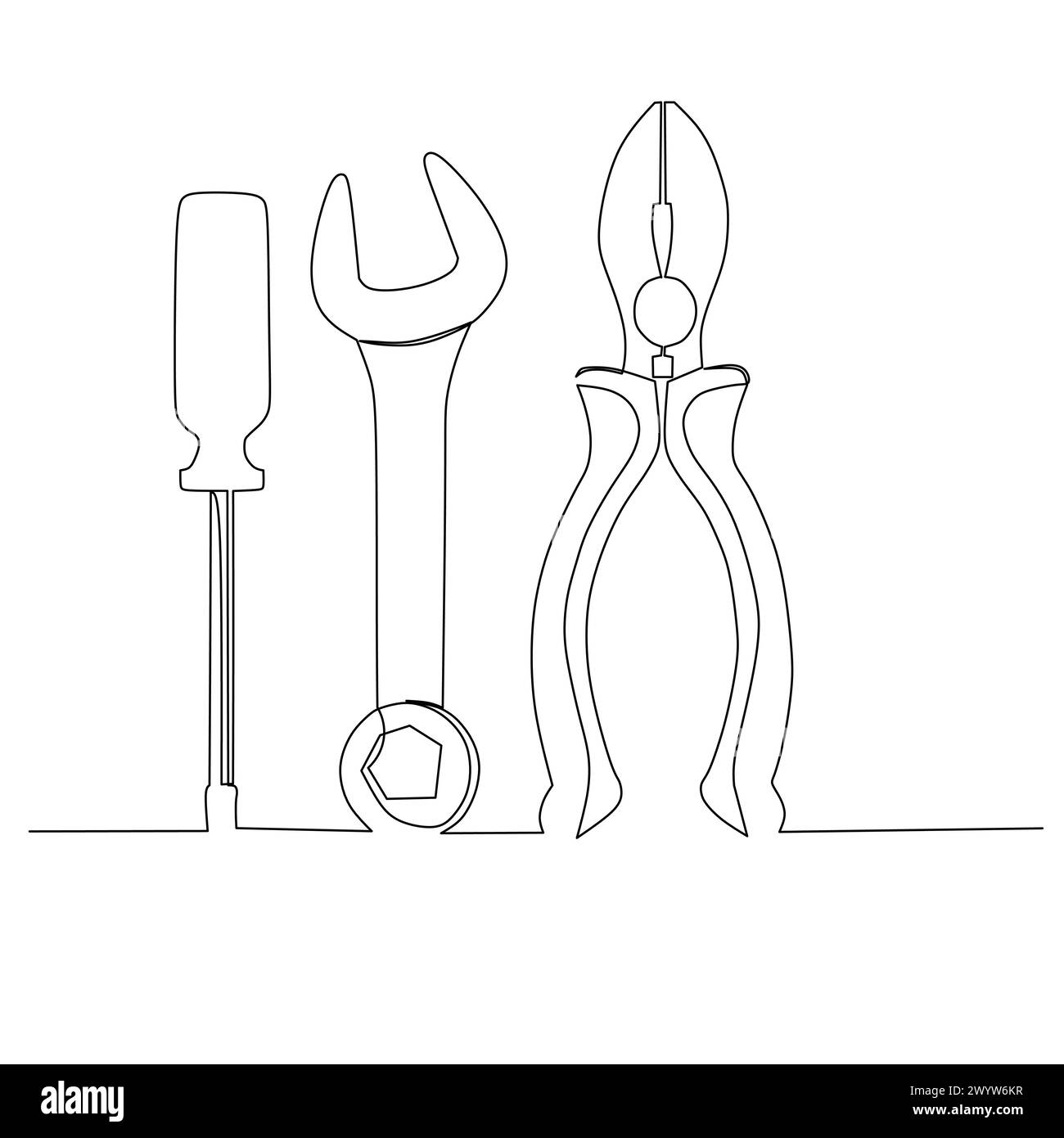 Abbildung: Schraubendreher, Schraubenschlüssel und Zange. Kleine Tischlerei in der Werkstatt und Design-Element des Konzepts der Hausrenovierung. Durchgehende Linienzeichnung Stock Vektor