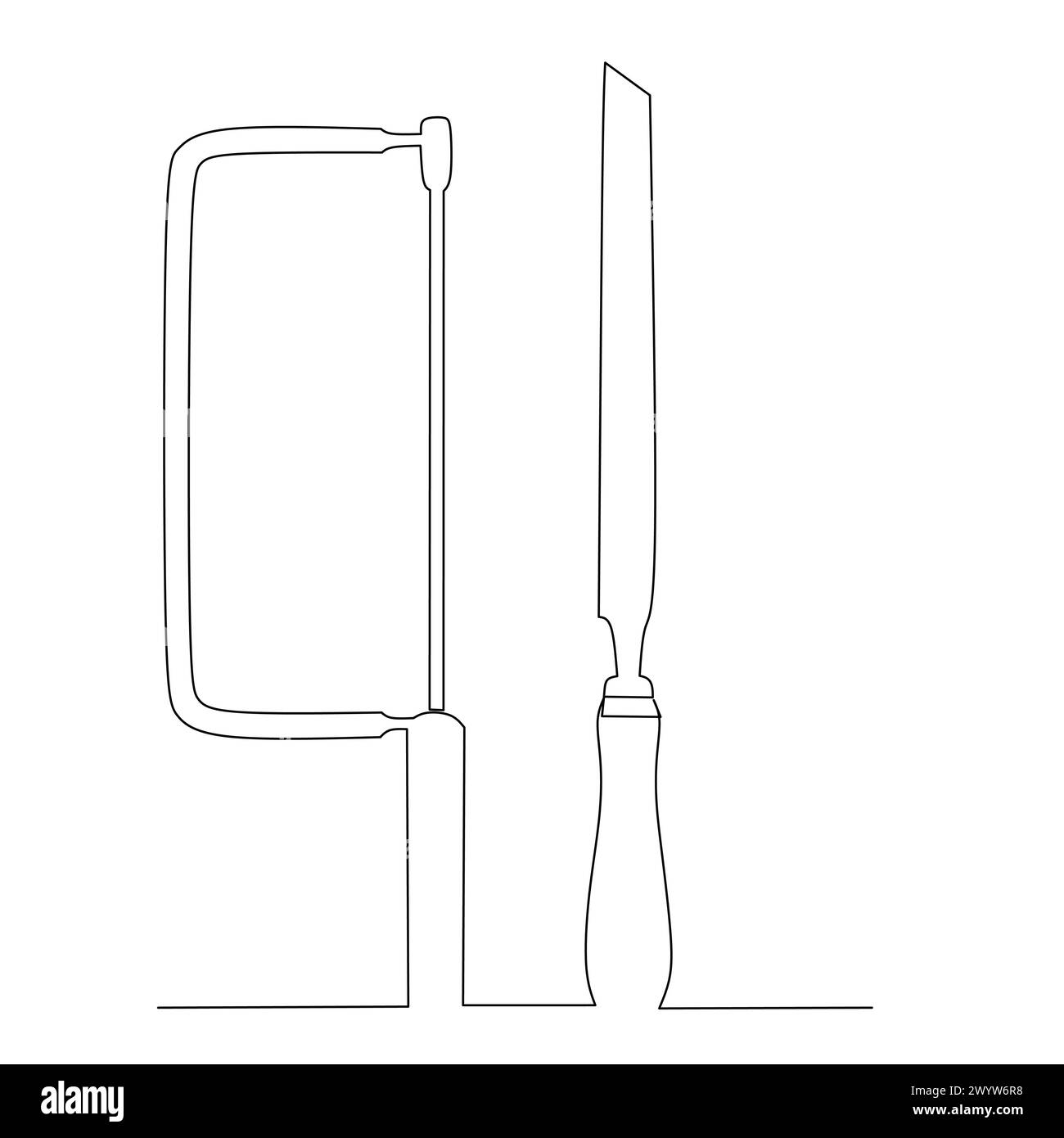 Abbildung: Meißel- und Sägewerkzeugsatz. Kleine Tischlerei in der Werkstatt und Design-Element des Konzepts der Hausrenovierung. Durchgehende Linienzeichnung Stock Vektor