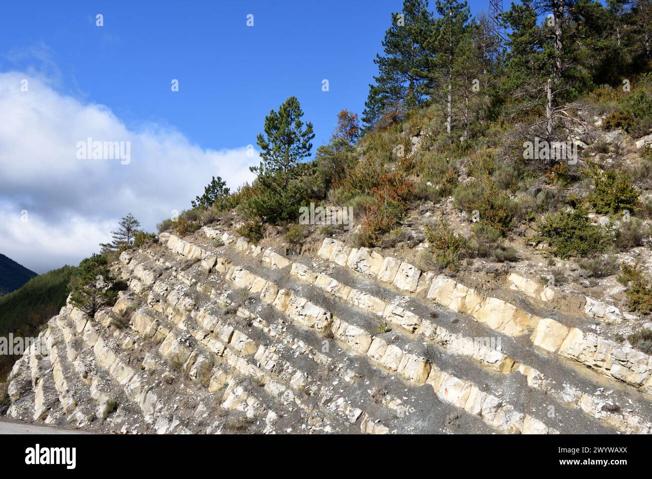 Barreme Sedimentgesteinsschichten, Stratotype Point oder Type Section der frühen Kreidezeit oder Felsformation nahe Barreme Alpes-de-Haute-Provence Stockfoto