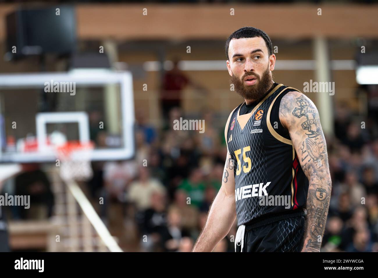 Mike James, der aus Monaco mit der Nummer 55 spielt, ist während des Euroleague-Basketballspiels zwischen AS Monaco und Zalgiris Kaunas in der Salle Gaston Medecin von Monaco zu sehen. Endergebnis: Monaco 69:66 Zalgiris. (Foto: Laurent Coust / SOPA Images/SIPA USA) Stockfoto