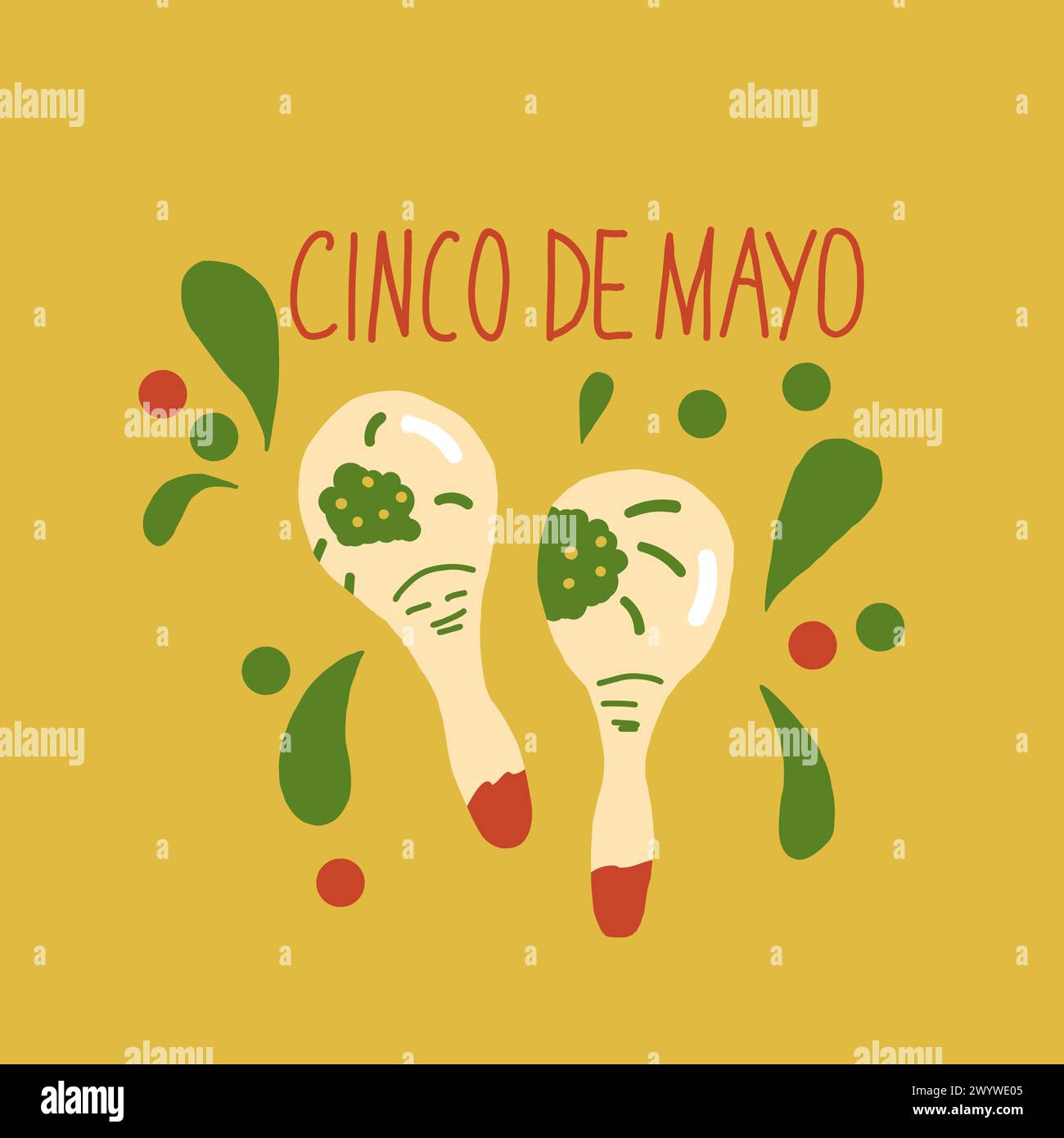 Cinco de Mayo. Handgezeichneter Text und Maracas. Mexikanische Feste und kulturelle Traditionen. Vektor flache handgezeichnete Illustration. Stock Vektor