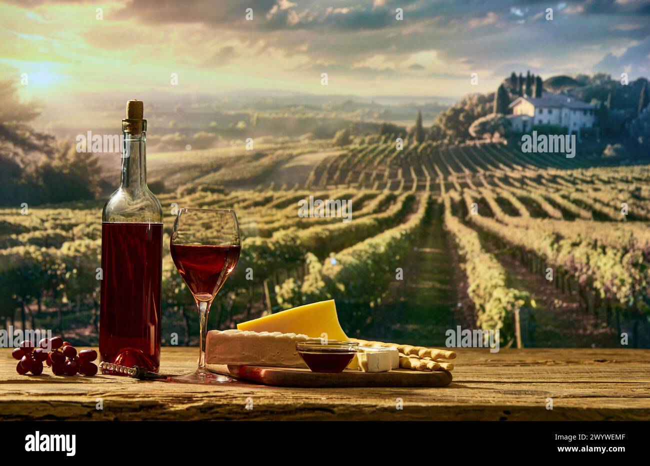 Picknick im Freien und Weindegustation. Flasche und Glas mit rotem Bio-Wein, Pastete mit Cracker und Käse für Vorspeisen mit Sommerwein Stockfoto