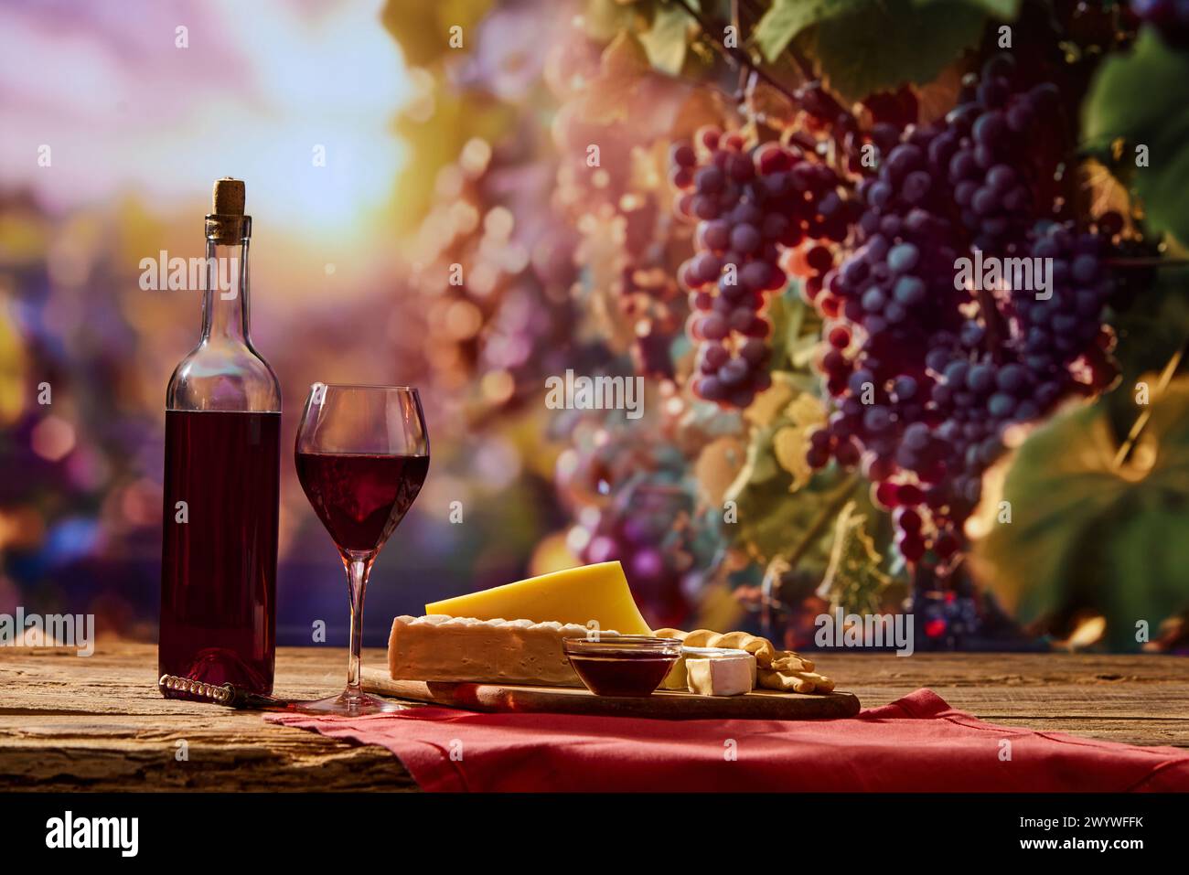 Picknickszene mit einer Flasche Wein und Glas auf dem Tisch, Käse und Cracker auf dem Teller. Weinberg mit Sonnenlicht auf dem Hintergrund Stockfoto