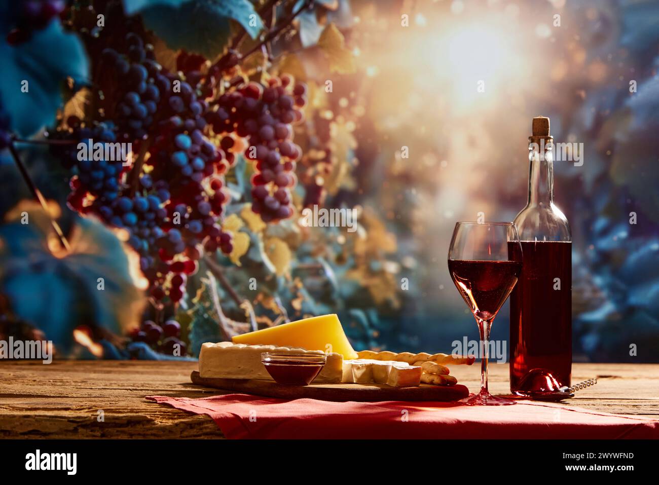 Flasche und Glas mit rotem Biowein, Käse und Crackern, die als Vorspeise mit Traubenzweigen und Sonnenlicht im Hintergrund dienen. Stockfoto