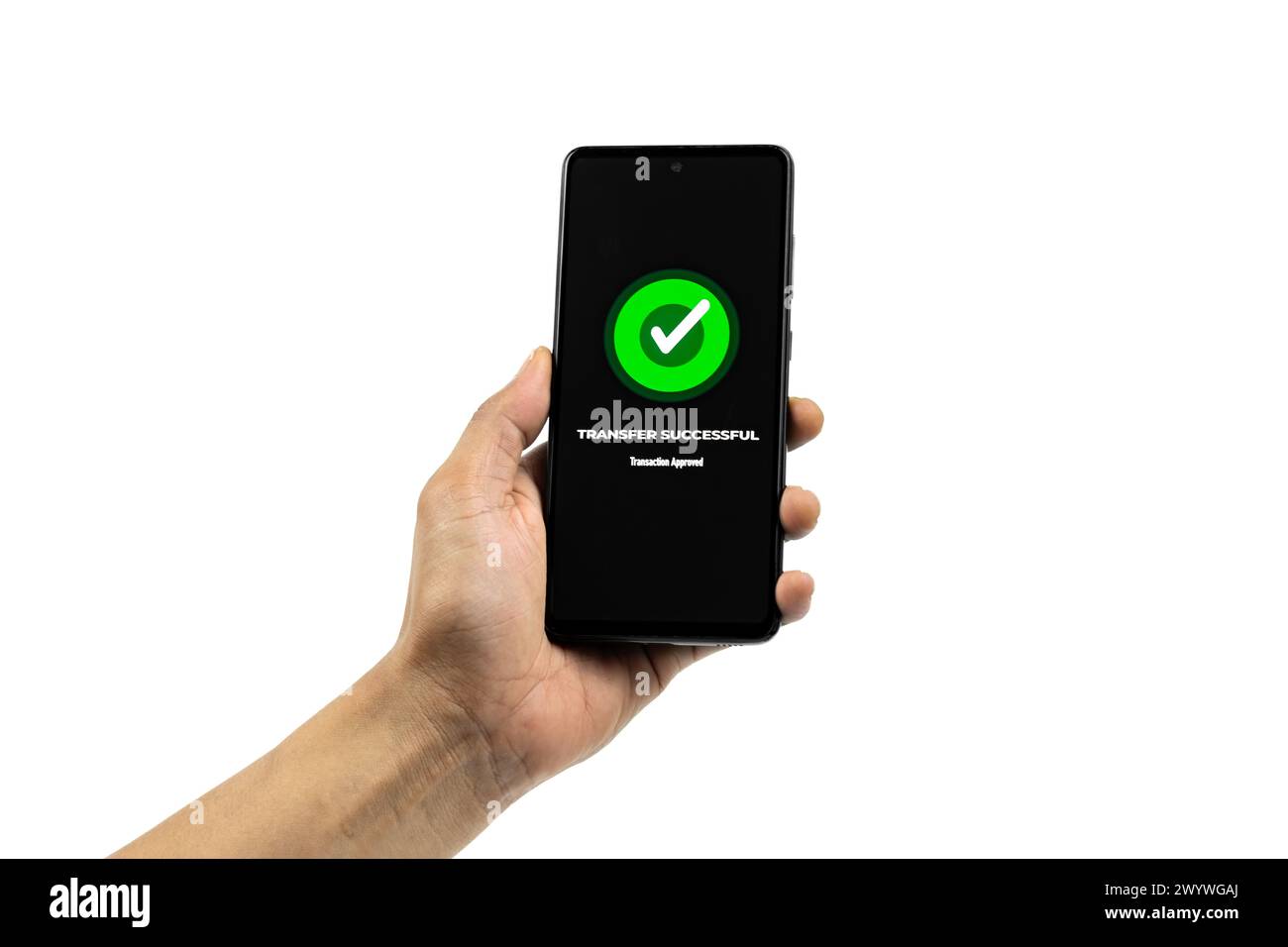 Konzepte für Online-Zahlungen. Smartphone mit Benachrichtigung „Übertragung erfolgreich“ auf dem Bildschirm isoliert auf weißem Hintergrund. Alle Bildschirmgrafiken sind zusammengesetzt. Stockfoto