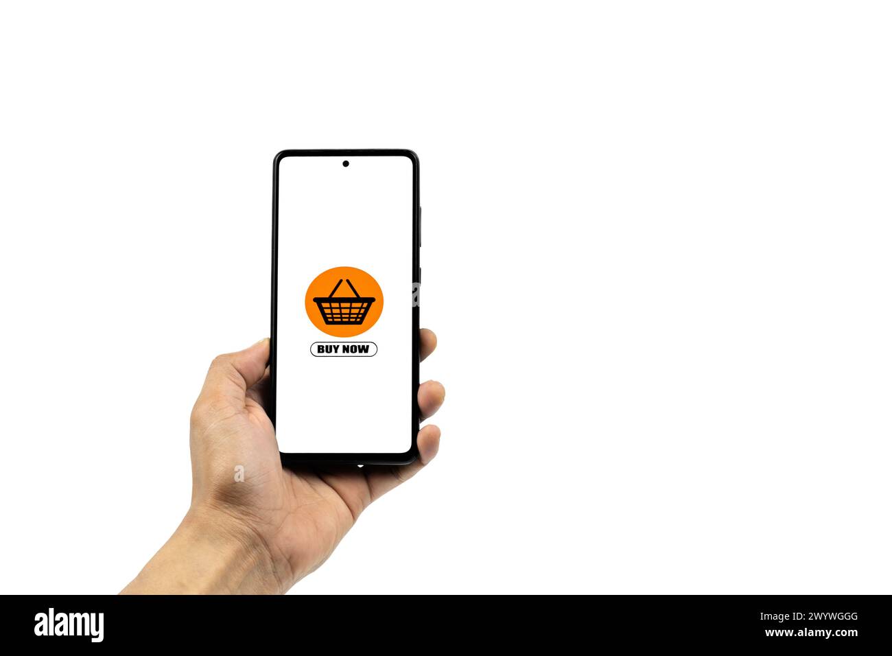 Online-Shopping-Konzepte. Mann Hand mit Smartphone für Online-Shopping isoliert auf weißem Hintergrund. Alle Bildschirmgrafiken sind zusammengesetzt. Stockfoto