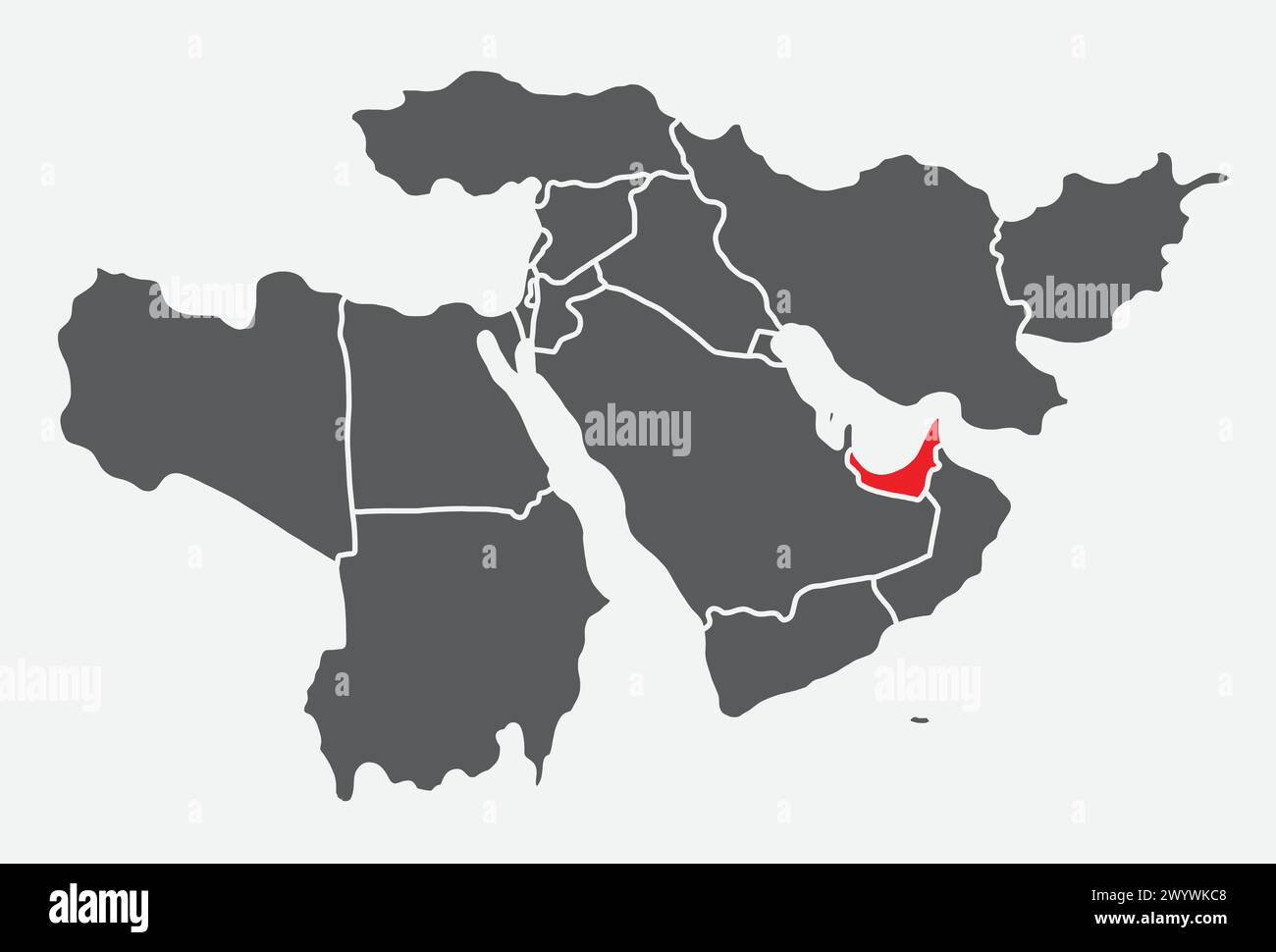 Rote Karte der VEREINIGTEN ARABISCHEN EMIRATE in schwarzer Karte des Nahen Ostens Stock Vektor
