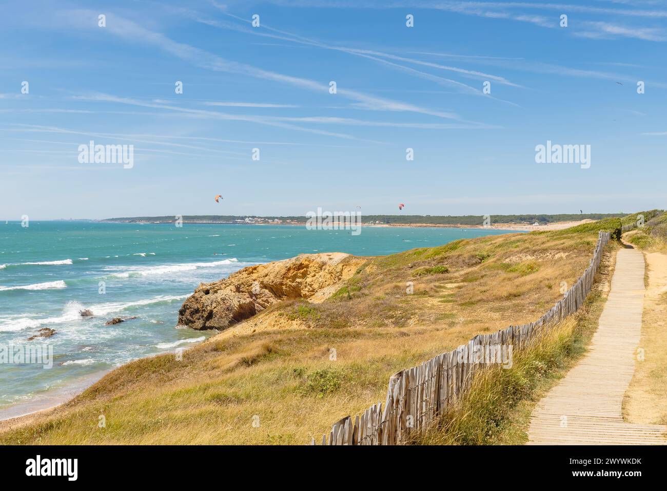 Blick auf den Strand Pointe du Payre, Jard sur Mer, Frankreich an einem Sommertag, Vendée, Frankreich Stockfoto