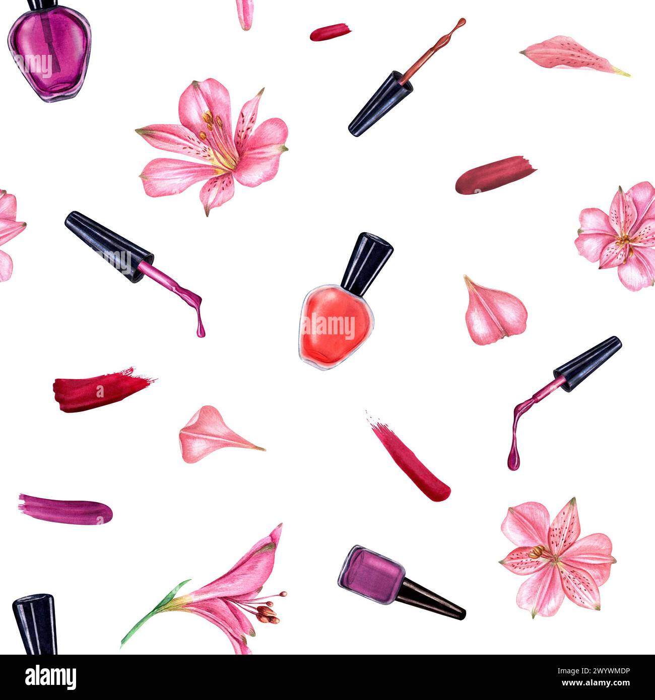 nagellack, Spritzer zwischen Blumen. Nahtloses Muster in rosa, roten Farben. nagellackflasche und -Bürste. Alstroemeria Blume, Blütenblatt. Stockfoto