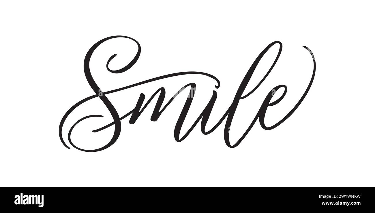 Smile – handgeschriebene Inschrift im kalligraphischen Stil auf weißem Hintergrund. Vektorabbildung Stock Vektor