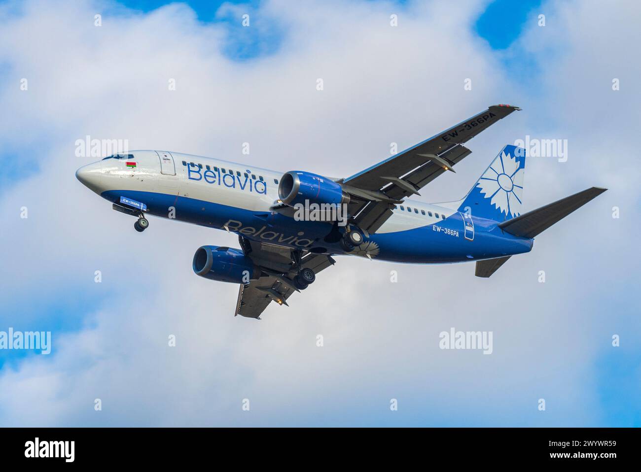 SANKT PETERSBURG, RUSSLAND - OKTOBER 2018: Boeing 737-300 (EW-366PA) von Belavia Airlines auf dem Gleitweg bei bewölktem Himmel Stockfoto