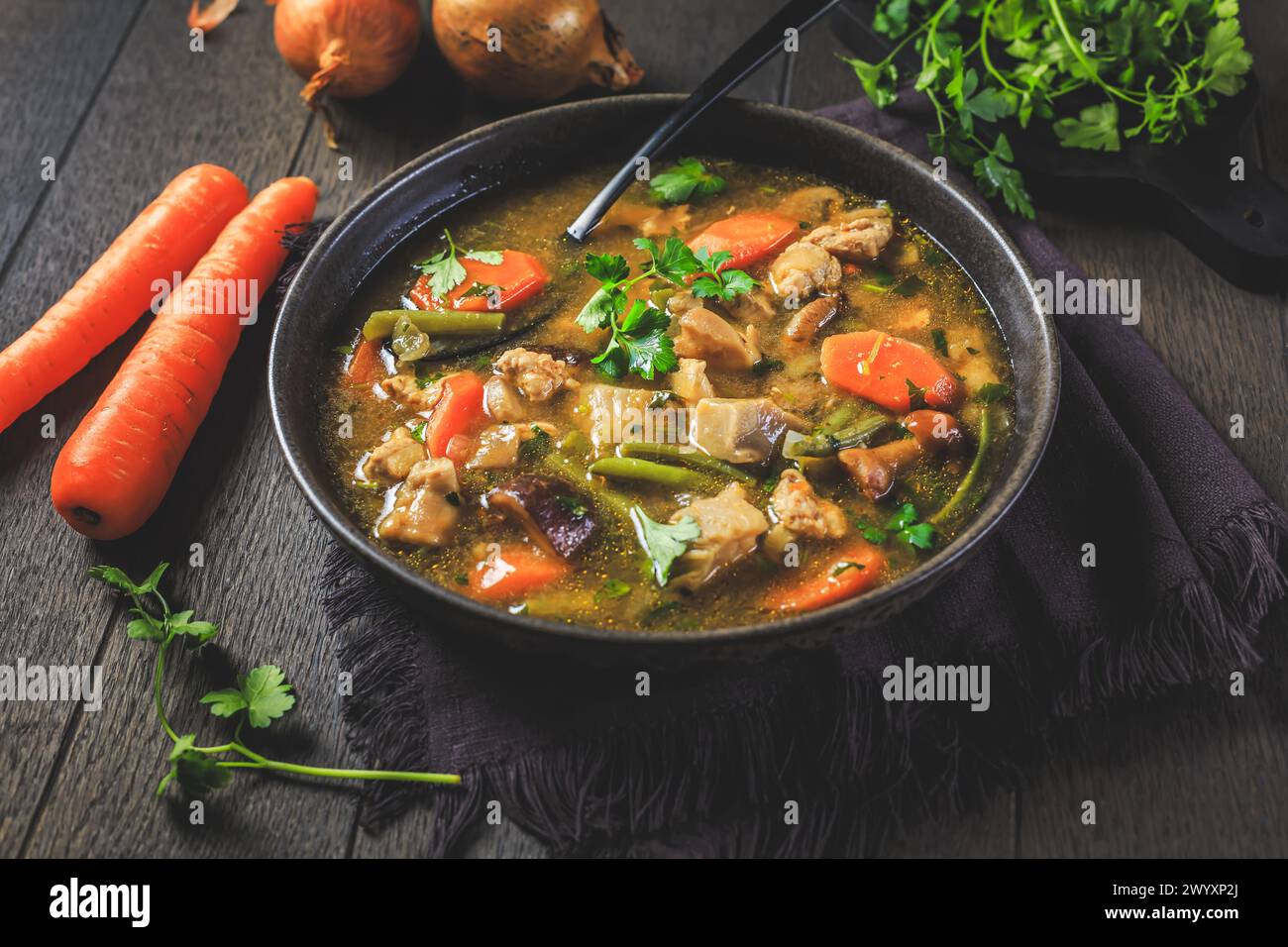 Hausgemachter Fleisch- und Gemüseeintopf oder Suppe mit Pilzen Stockfoto