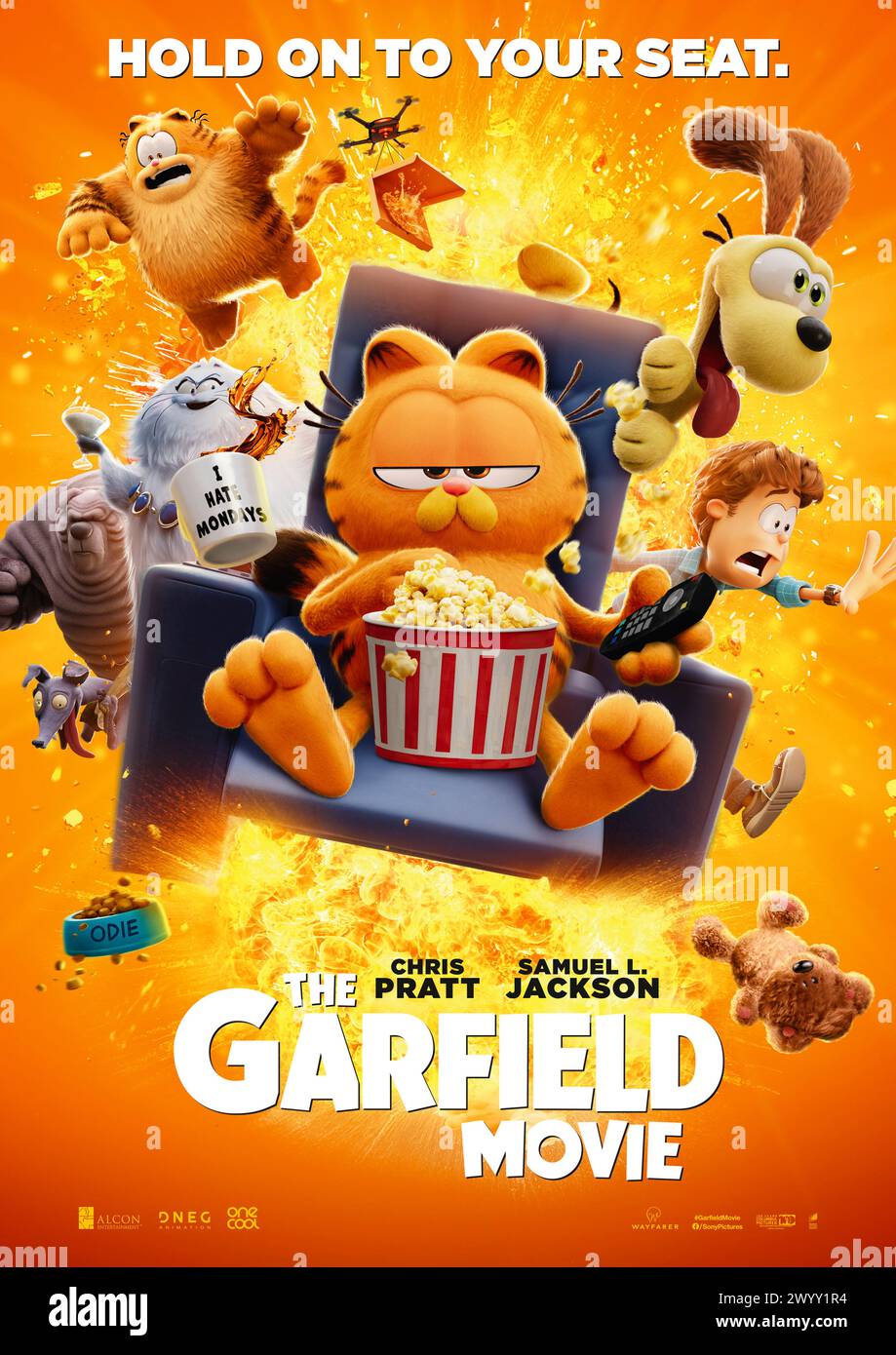 The Garfield Movie (2024) von Mark Dindal mit Hannah Waddingham, Samuel L. Jackson und Chris Pratt. Garfield trifft seinen lange verlorenen Vater Vic und verlässt zusammen mit Odie ihr verwöhntes Leben, um einen Raub zu versuchen. US-Poster mit einem Blatt ***NUR FÜR REDAKTIONELLE ZWECKE***. Quelle: BFA / Sony Pictures veröffentlichen Stockfoto