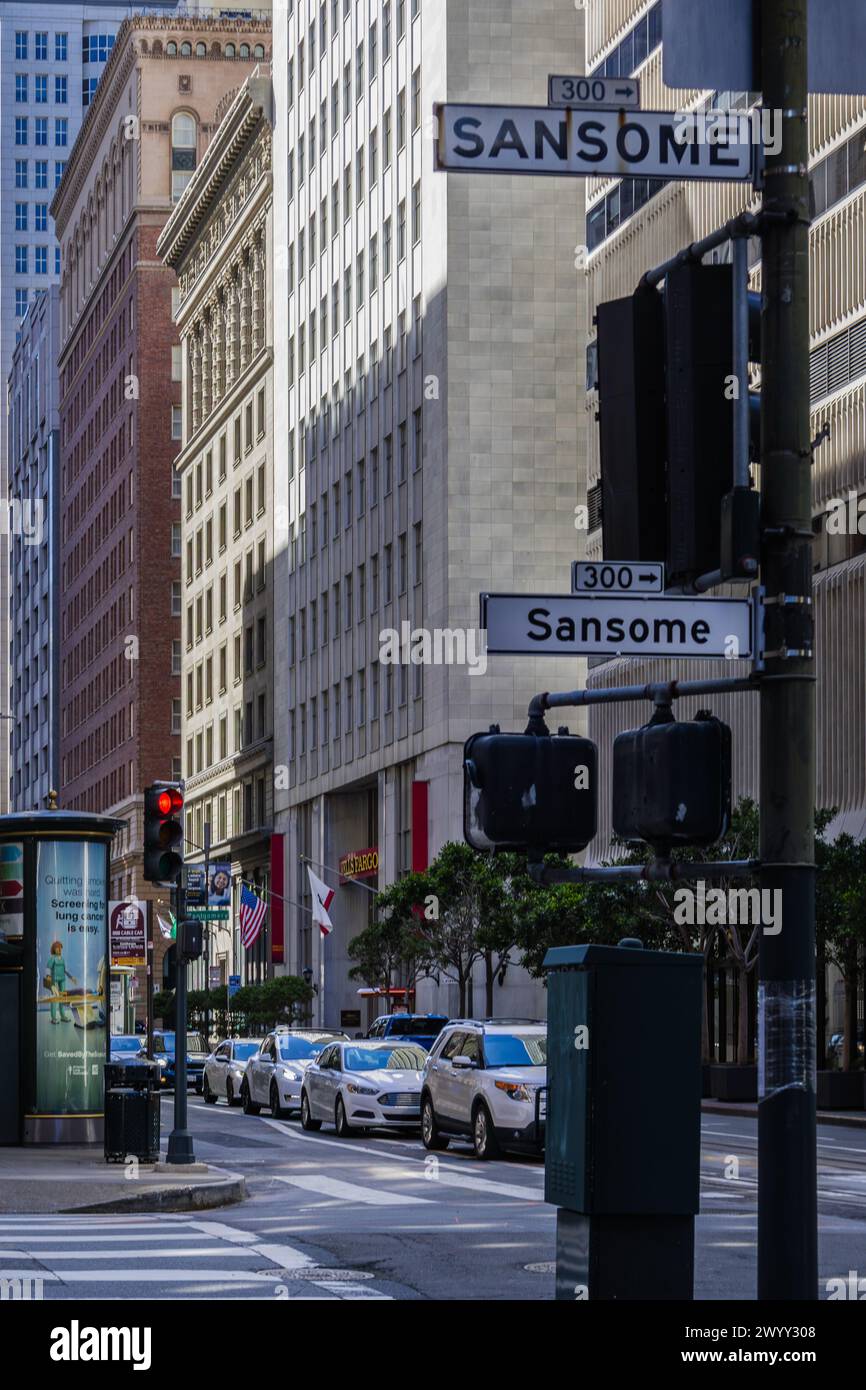 San Francisco, CA, USA. 16. März 2024: Kreuzung der California Street und Sansome Street im Financial District von San Francisco. Stockfoto