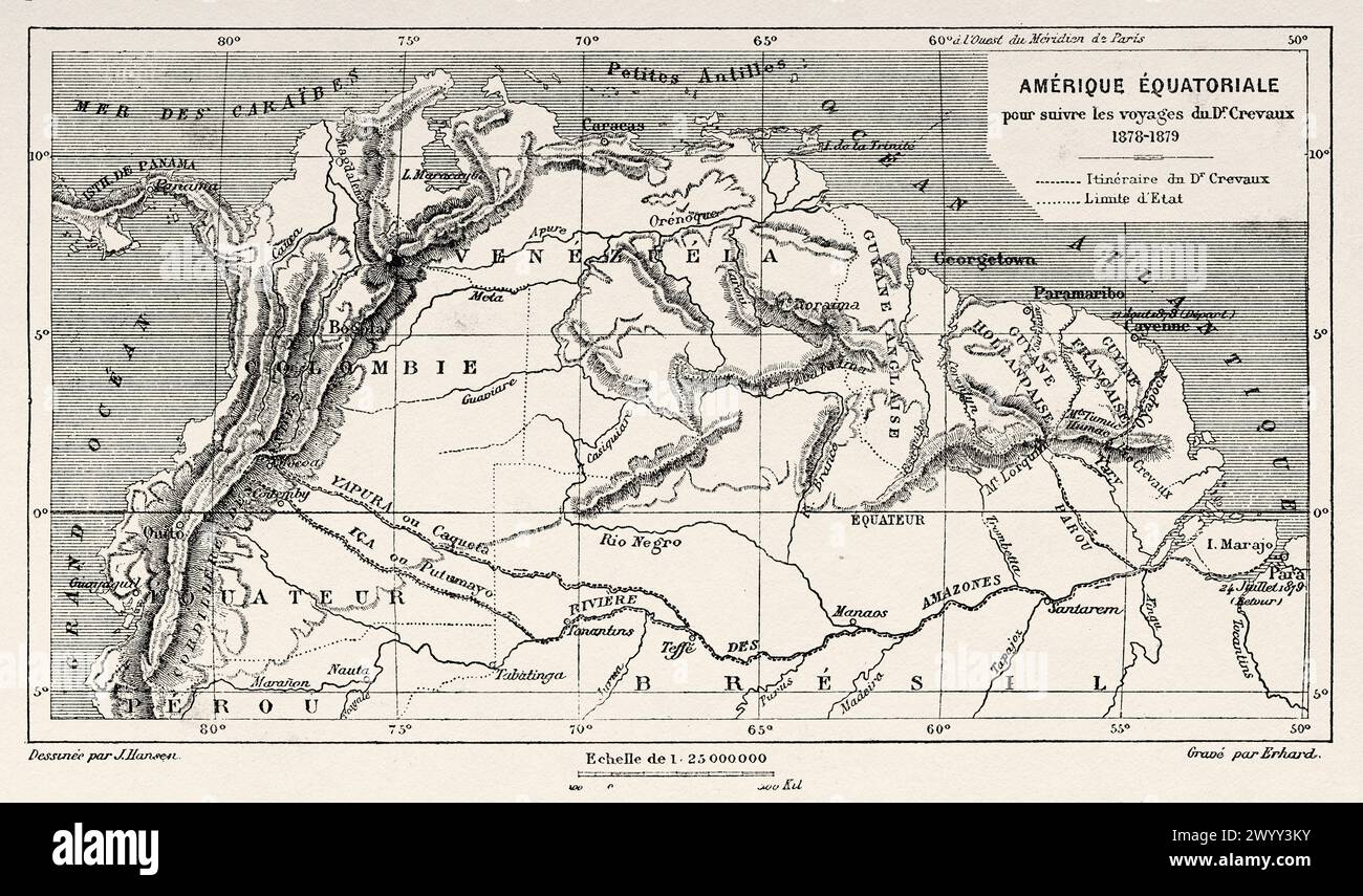 Alte Karte von Äquatorialamerika für Dr. Crevaux Reise, Südamerika. Von Cayenne in die Anden (1878-1879) von Jules Crevaux (1847-1882) Le Tour du Monde 1880 Stockfoto