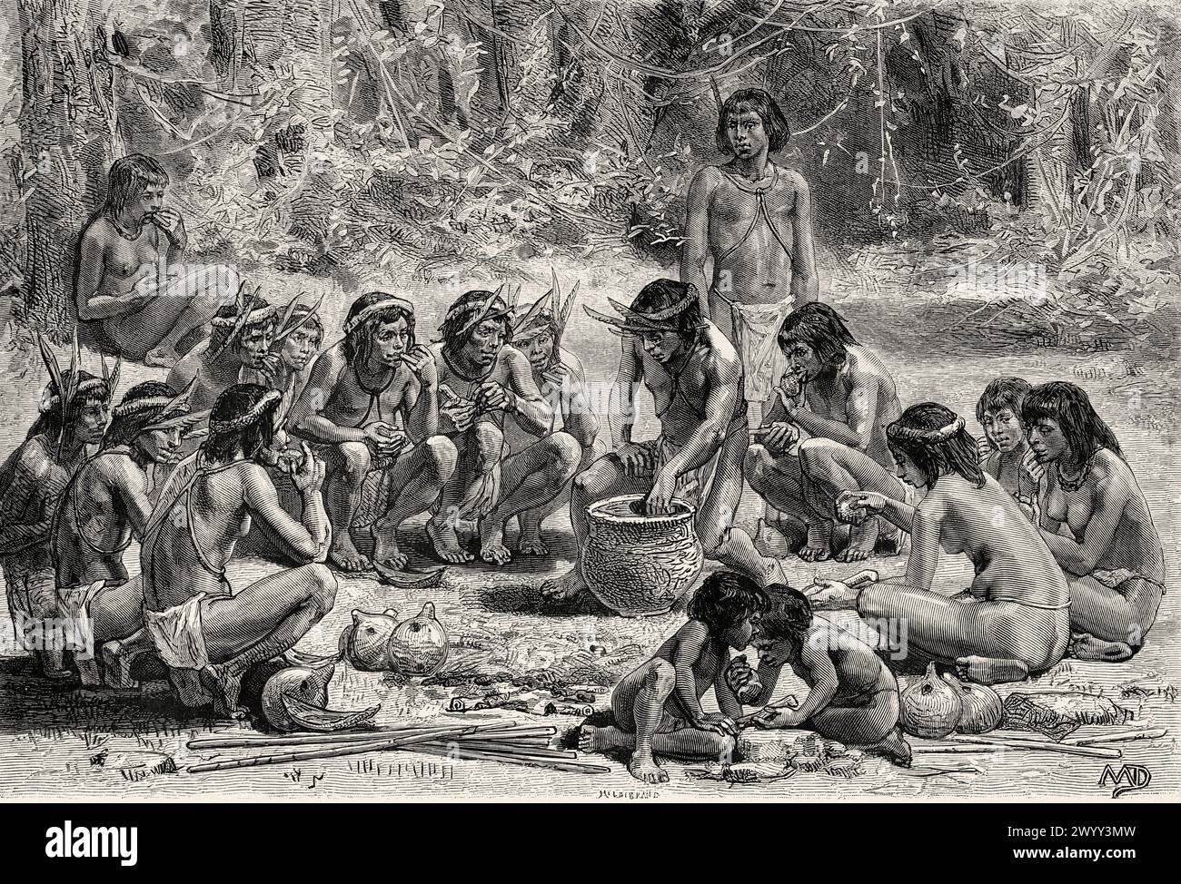 Gruppe indigener Indianer, die im Wald essen, Französisch-Guayana, Südamerika. Zeichnung von D. Maillart. Von Cayenne in die Anden (1878-1879) von Jules Crevaux (1847-1882) Le Tour du Monde 1880 Stockfoto