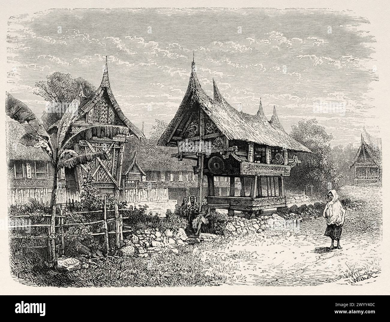 Ein Haus im architektonischen Minangkabau-Stil mit Reisscheune und Tabuhaus in Alahan Pandjang, Padangse Bovenlanden, Sumatra Island. Indonesien. Zeichnung von Theodore Alexander Weber (1838–1907) über die Insel Sumatra 1877 von Daniel David Veth (1850–1885) Le Tour du Monde 1880 Stockfoto