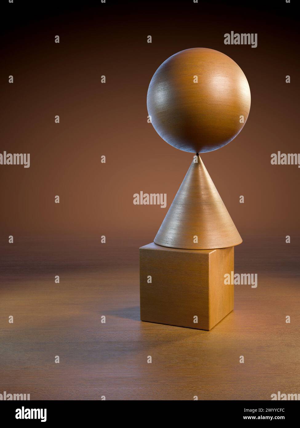 Kugel, Würfel und Kegel werden von warmem Licht beleuchtet, mit Kopierraum. Digitale Illustration, 3D-Rendering. Stockfoto
