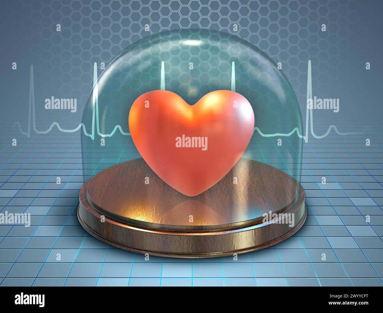 Menschliches Herz in einer Glaskuppel gelagert. Digitale Illustration, 3D-Rendering. Stockfoto