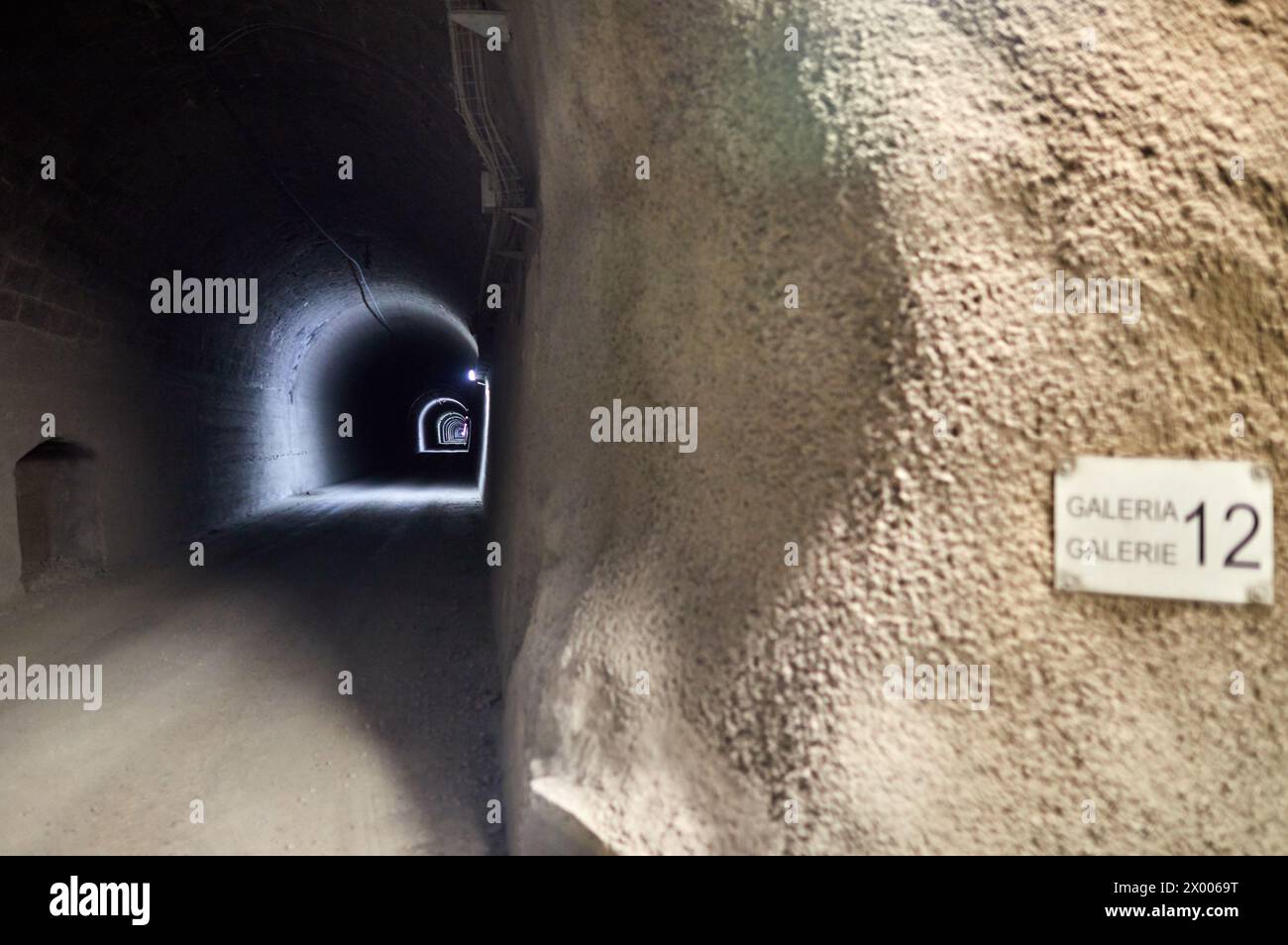 Der Somport Railway Tunnel, das Laboratorio Subterraneo de Canfranc (LSC), wurde 800 m tief unter dem Mount Tobazo auf der spanischen Seite der Aragon Pyrenäen ausgegraben. Das Gestein filtert die kosmische Strahlung und sorgt für die „kosmische Stille“, die notwendig ist, um selten auftretende Naturphänomene wie die Wechselwirkungen mit einem Atomkern von Neutrinos kosmischen Ursprungs oder von Partikeln der unsichtbaren „dunklen Materie“ zu untersuchen. Dunkle Materie liefert 85% der Masse des Universums, aber wir wissen nicht, woraus sie besteht.", Canfranc, Huesca, Aragon, Spanien, Europa. Stockfoto