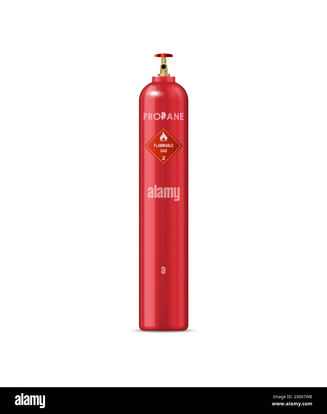 Realistischer Propangaszylinder-Druckgasballon. Vektorroter Druckbehälter mit brennbarem Inhalt, gewährleistet eine sichere Handhabung und Lagerung, die für industrielle und chemische Prozesse unerlässlich ist Stock Vektor