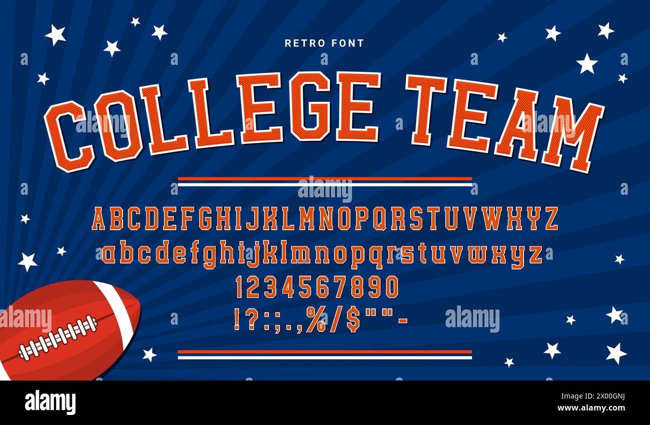 American Sport College Schriftart, Jackentyp oder American League of Basketball oder Baseball, Vektorschrift Alphabet. Schriftart mit sportlichem Teamdruck auf einer amerikanischen Universitätsjacke, einem T-Shirt mit Varsity oder einem Fußballtrikot Stock Vektor