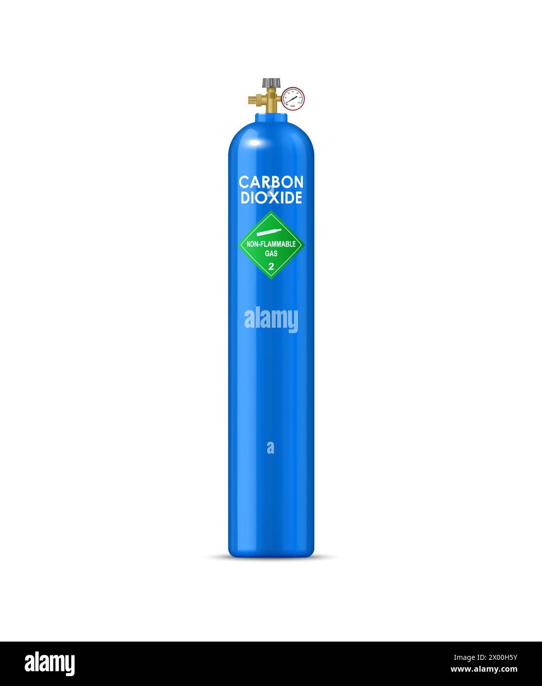 Realistische Gasflasche mit Kohlendioxid, komprimiertem Gasballon. Isolierter vektorblauer stabiler Behälter gefüllt mit nicht brennbarem Inhalt, für industrielle Anwendungen oder medizinische Anwendungen Stock Vektor