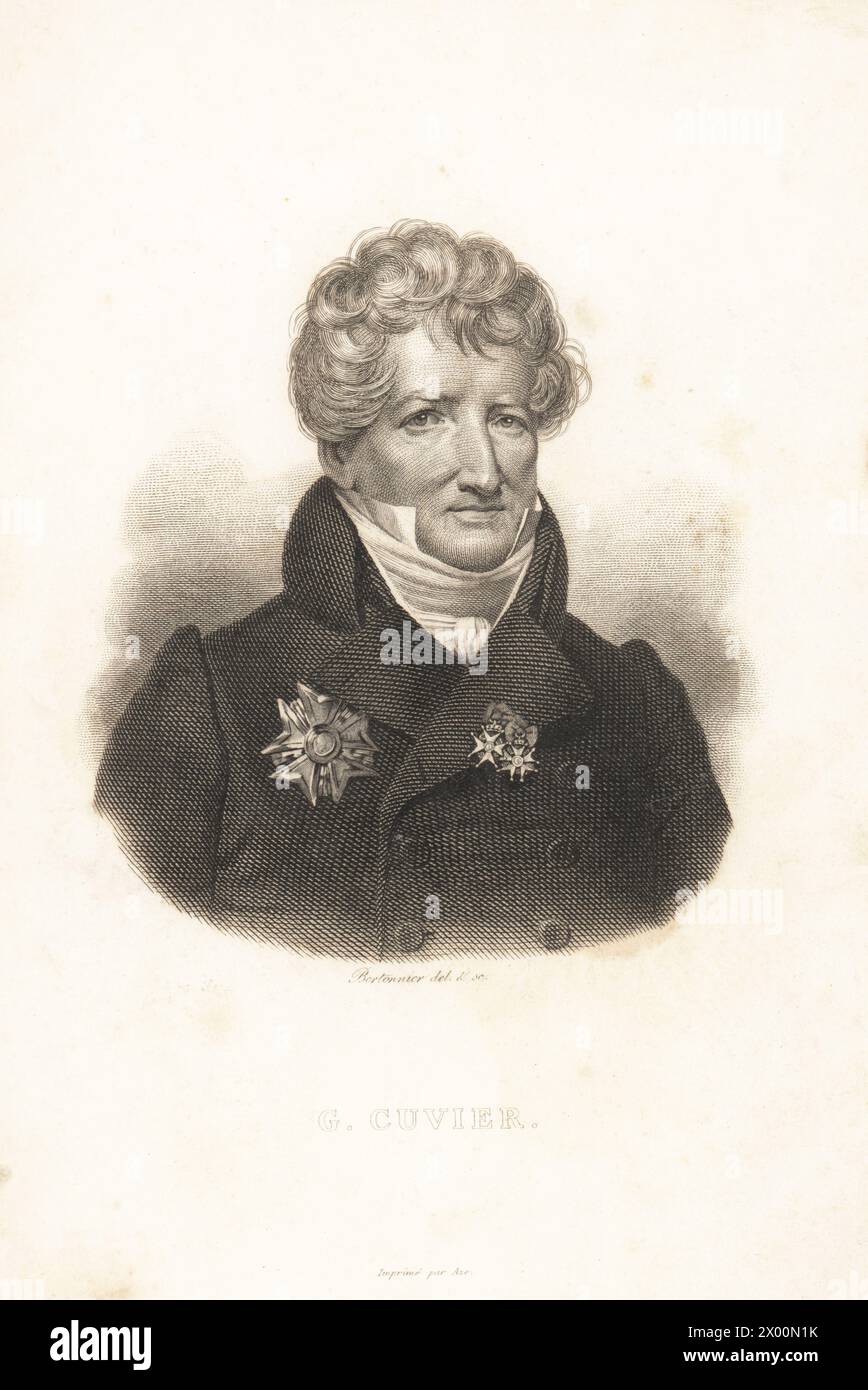 Baron Georges Cuvier, französischer Naturforscher, Paläontologe und Zoologe (1769-1832). Kupferstich nach einem Porträt von Pierre Francois Bertonnier aus Guérin-Ménevilles Iconographie du règne Animal de George Cuvier, Ikonographie des Tierreiches von George Cuvier, J. B. Bailliere, Paris, 1829-1844. Stockfoto