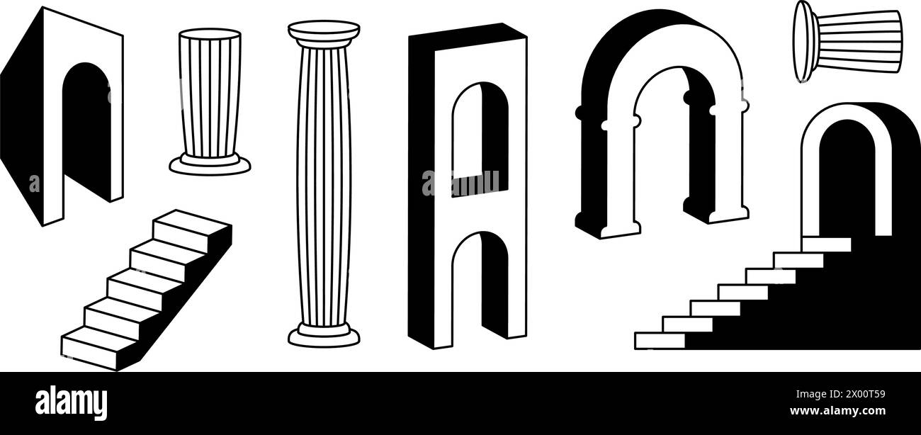 Bögen, Säulen und Treppenkollektion. Surreales griechisches Ruinelement-Set. 3D-Bögen im antiken Stil, Türen, Säulen, Treppen, Tore bündeln trippige Formen für Collage, Poster, Banner, Aufkleber. Vektor Stock Vektor