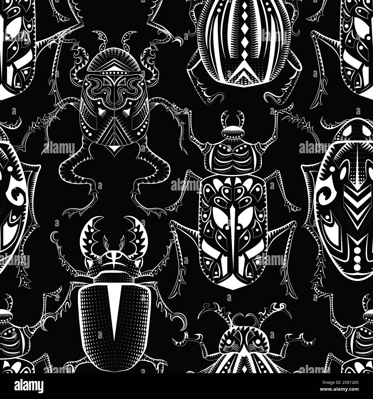 Nahtloses Muster mit mystisch verzierten Wanzen vor schwarzem Hintergrund. Stock Vektor