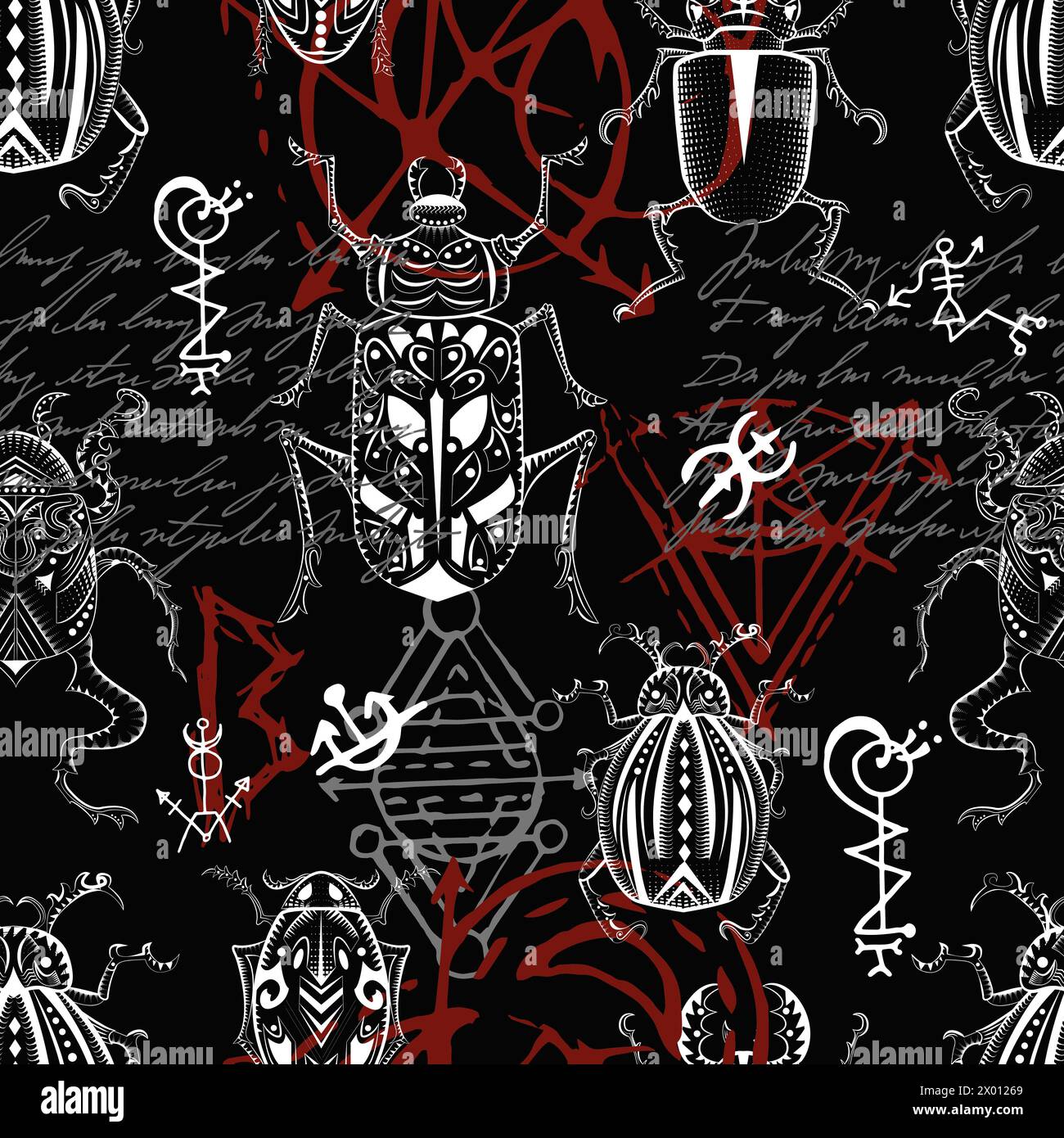 Nahtloses Muster mit mystisch verzierten Wanzen und esoterischen Gothic-Symbolen vor schwarzem Hintergrund. Keine Fremdsprache, alle Zeichen sind Phantasiezeichen. Stock Vektor