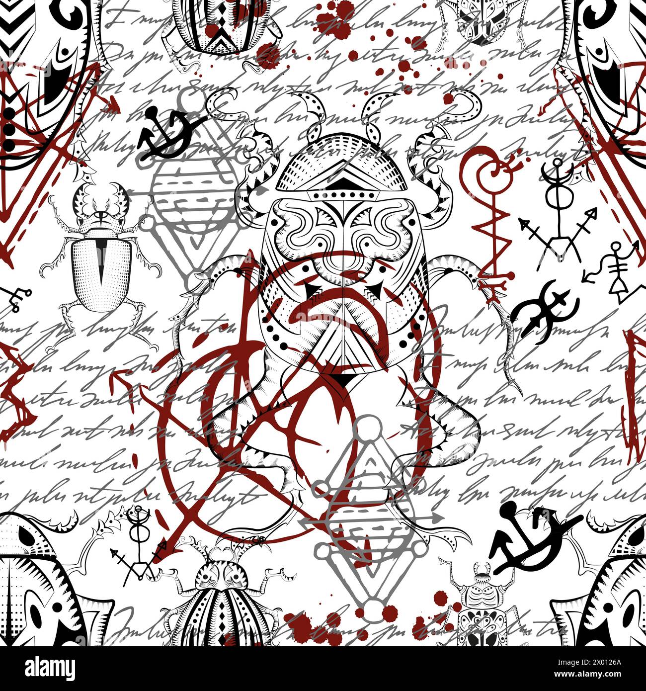 Nahtloses Muster mit mystisch verzierten Wanzen und esoterischen Gothic-Symbolen vor weißem Hintergrund. Keine Fremdsprache, alle Zeichen sind Phantasiezeichen. Stock Vektor