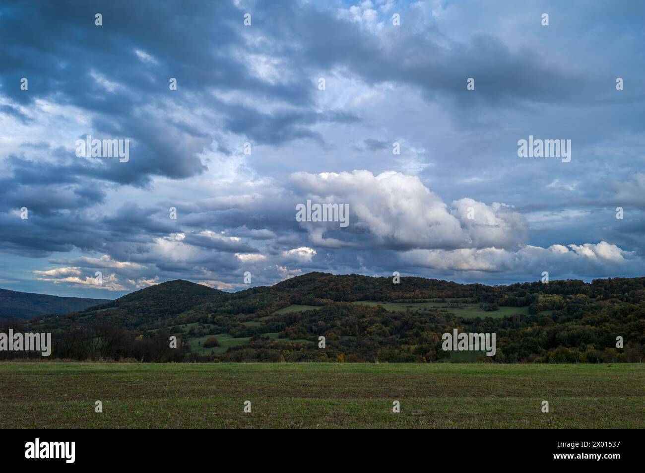 Herbstliche ländliche Landschaft mit blauem stürmischem Himmel und weißen Wolken. Mit Wiese und Wald im Hintergrund. Dubrava, Horna Suca, Slowakei Stockfoto