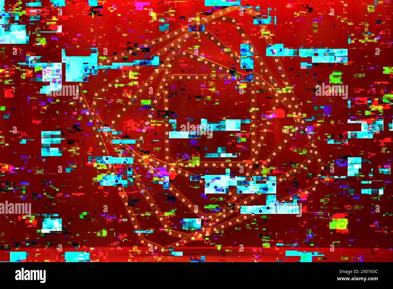 Abstrakter roter Hintergrund eines defekten Pixelbildschirms. Pixelstücke. Stockfoto