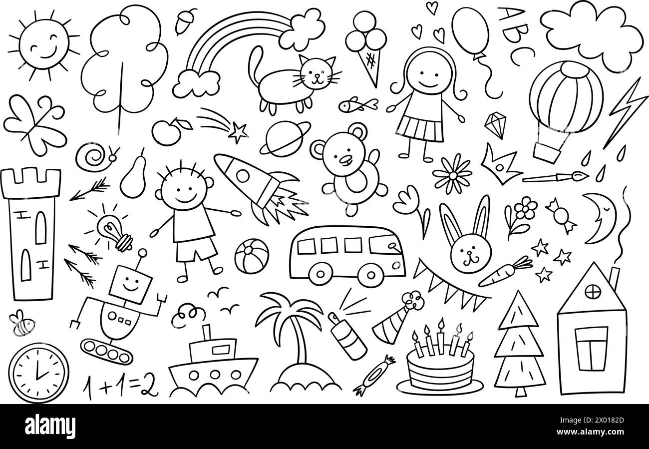 Zeichnungssatz für Kinder. Kritzelemente für Kinder. Junge, Mädchen und Roboter. Sonne in Wolken, Sommerblumen, gemaltes Haus und Schloss, süße Katze und Teddybär Stock Vektor