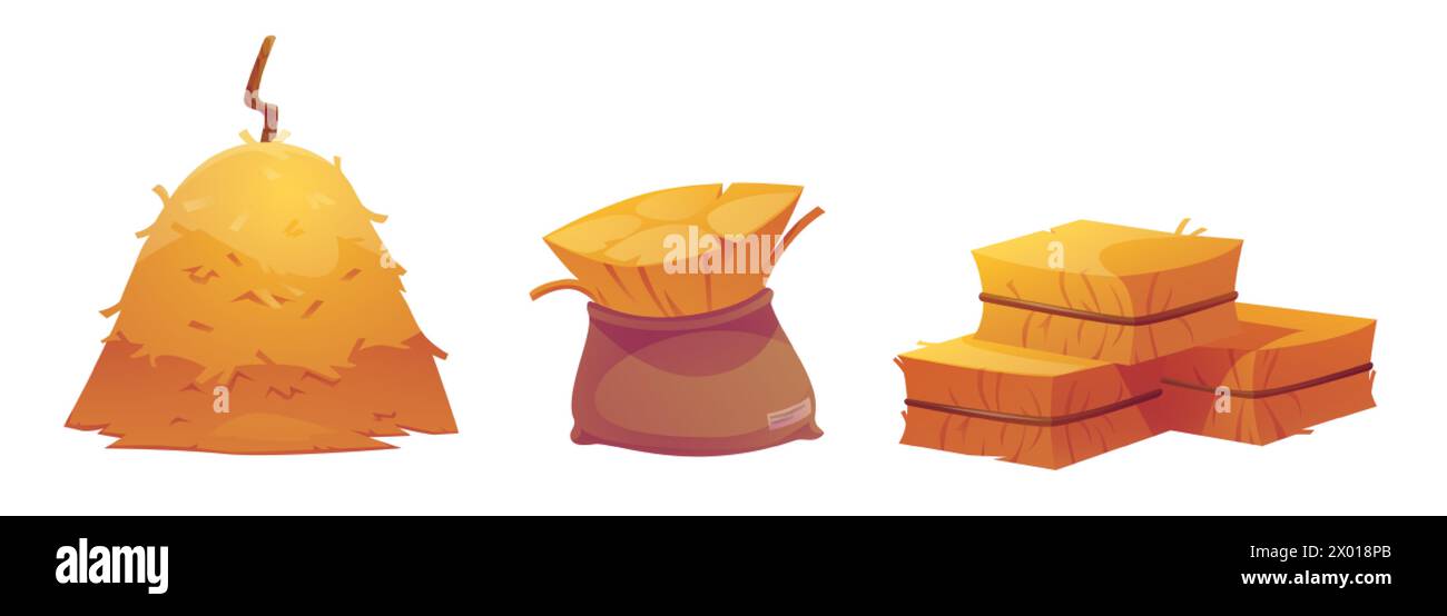 Heuhaufen auf weißem Hintergrund. Vektor-Karikaturillustration von Strohballen, Haufen Heu, trockenes Gras verpackt in Seil gebunden Sack, ländliche Scheune Desi Stock Vektor