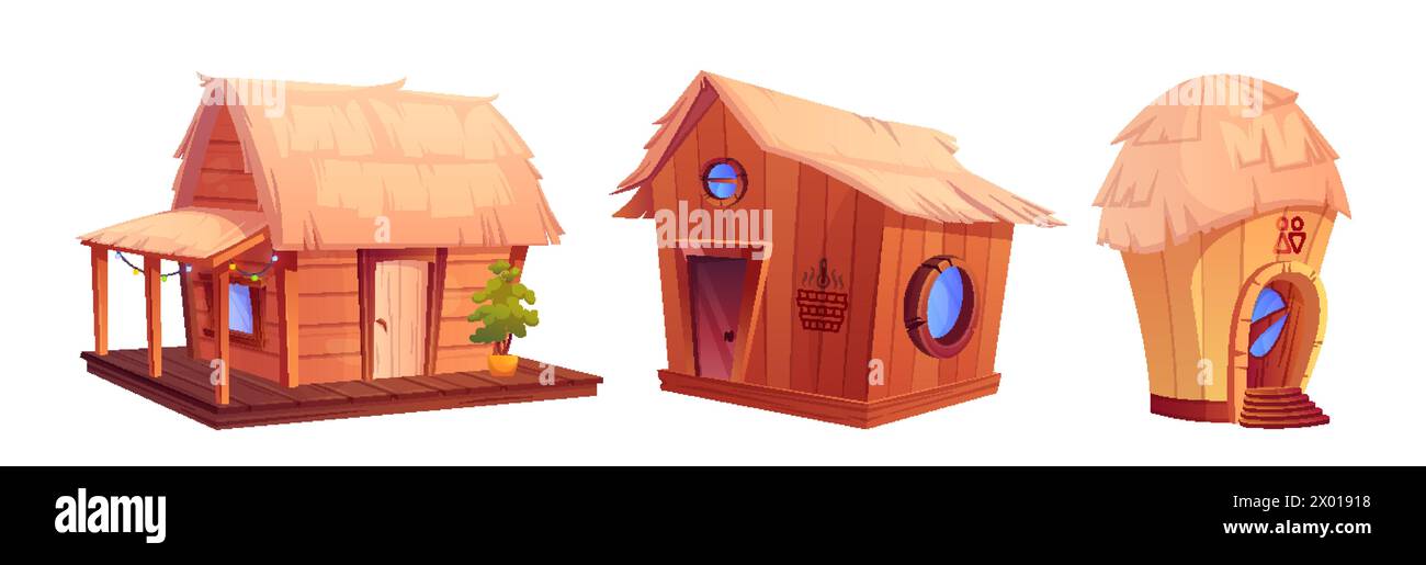 Strandhaus Cartoon. Strohhalm und Holz Inselhütte. Tropischer Bungalow und Hawaii Tourismus Cottage, isoliert auf Hintergrund. Karibische Lagunenarchitektur Stock Vektor