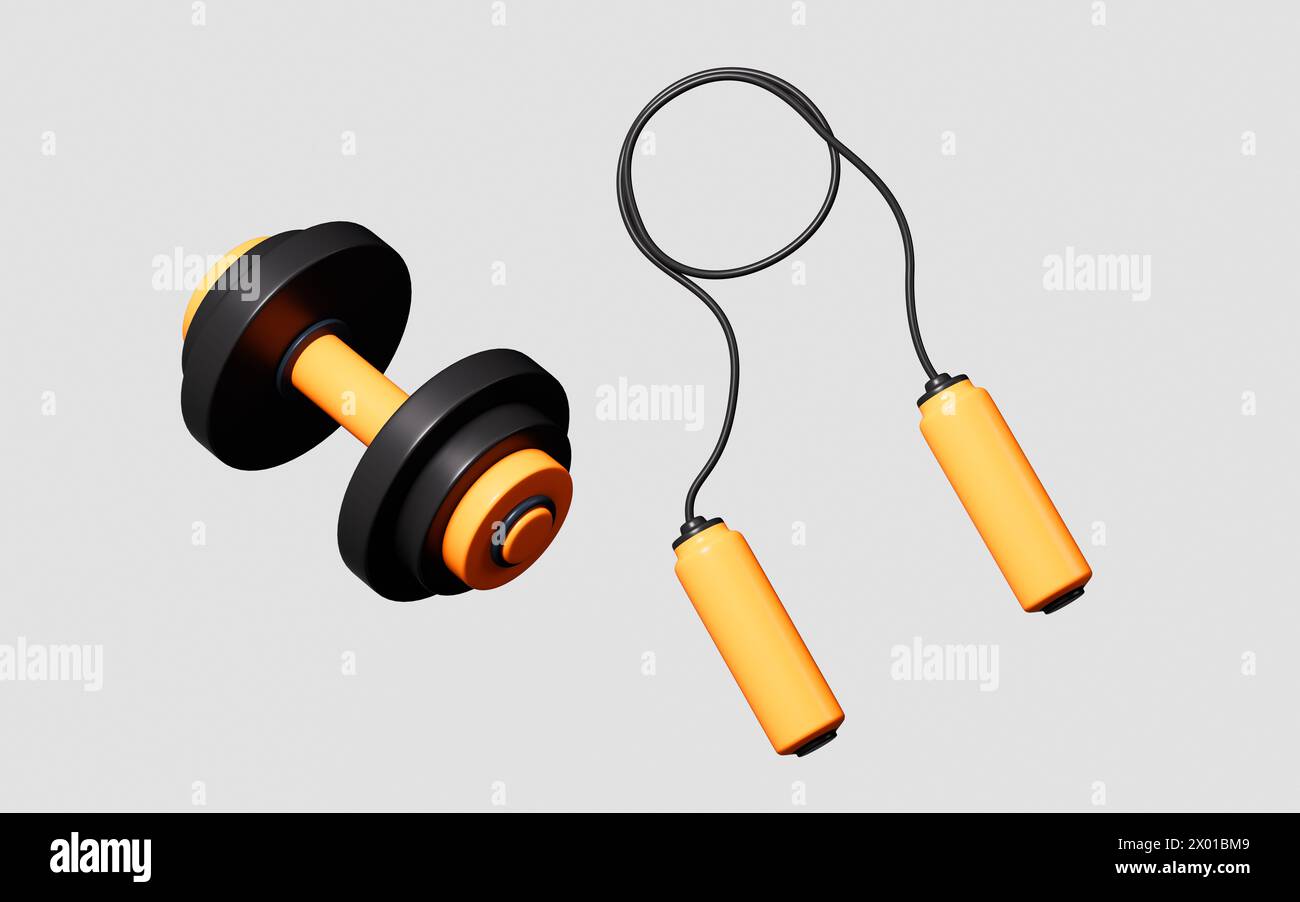 Cartoon-Seilspringen und Kurzhantel, Sport-Fitness-Konzept, 3D-Rendering. 3D-Abbildung. Stockfoto