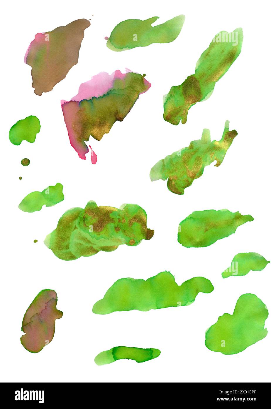 Set-Sammlung abstrakter Acrylaufkleber mit grünen und goldenen Pinselstrichen auf weißem isoliertem Hintergrund. Designelemente Stockfoto