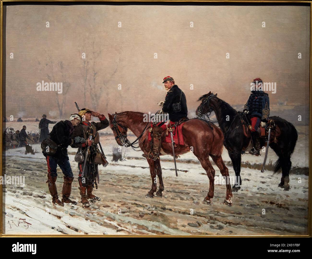 „A General Questions a mobile Guard Supporting a verwundete Officers, Dezember 1870“, 1879, Alphonse de Neuville, Musée de l’Armée, Hôtel National des in Stockfoto