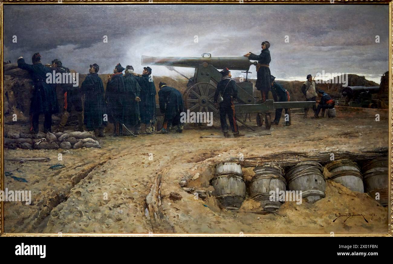 „Französisches Stück schwerer Artillerie während der Belagerung von Paris, 1870-1871“, 1872, Etienne-Prosper Bern-Bellecour, Musée de l’Armée, Hôtel National des Stockfoto