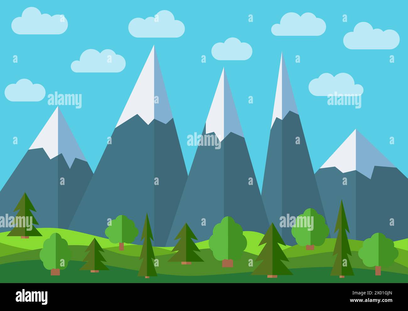Vektor Panorama Berg Cartoon Landschaft. Natürliche Landschaft im flachen Stil mit blauem Himmel, Wolken, Bäumen, Hügeln und Bergen mit Schnee auf dem pe Stock Vektor