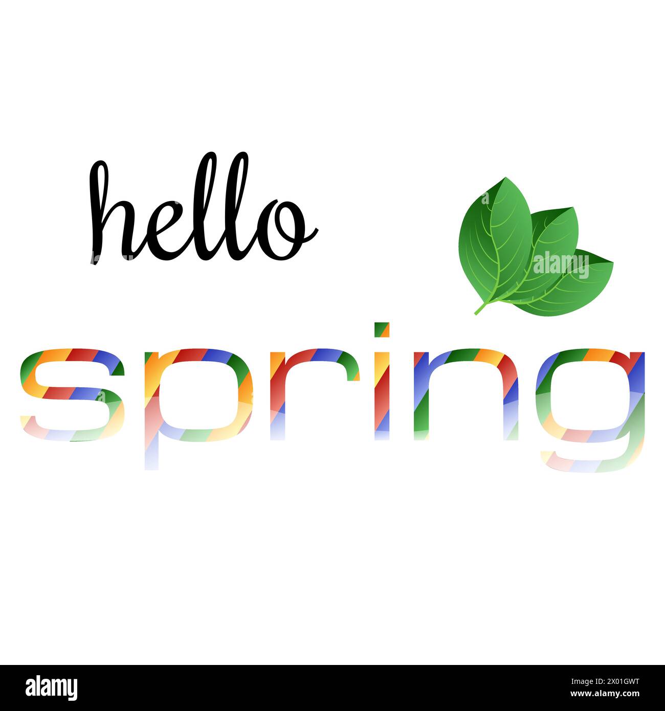 Farbenfroher Satz „Hallo Frühling“ mit grünen Blättern. Vektorabbildung. Stock Vektor